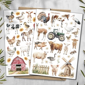 Foglio di adesivi di animali da fattoria: mucca delle Highlands, pollo, pecora - Adesivi per planner