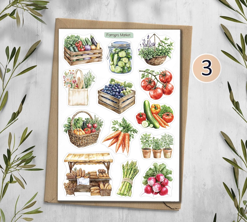 Farmers Market stickers. Vegetable & Fruit Stickers. Veggie Planner, Journal, Scrapbooking Stickers. Food market Stickers. Design 3