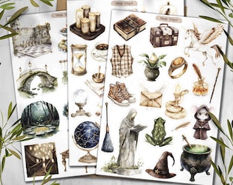 May include: A collection of sticker sheets featuring watercolor illustrations of magic school themes, including a stone bridge, a celestial globe, a unicorn, a cauldron, a wizard hat, a potion bottle, a quill, a snake, and a hooded figure.