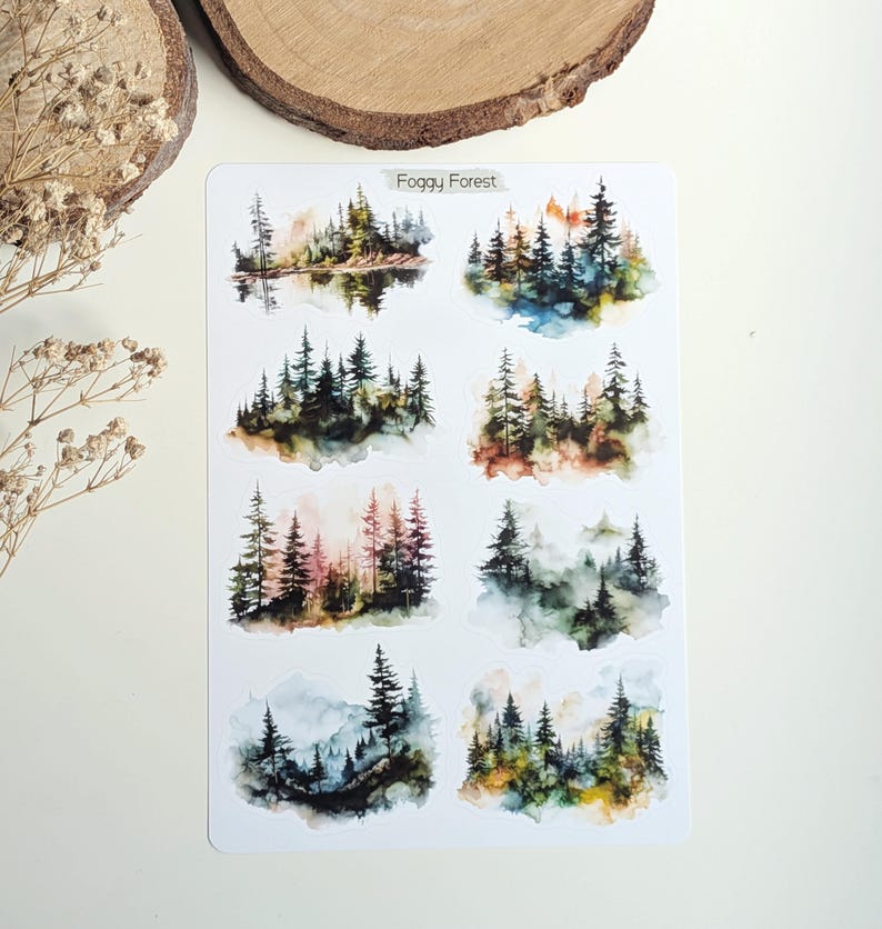 Foggy Forest Sticker Sheet: Watercolor Woodland Landscape Stickers image 9