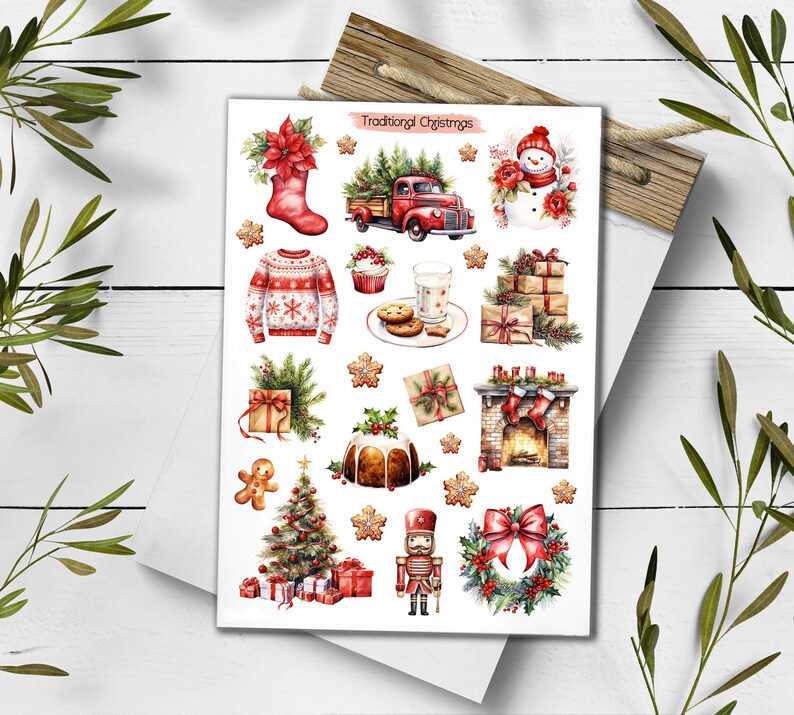 May include: A sticker sheet titled Traditional Christmas featuring watercolor illustrations of a red truck, snowman, poinsettia, sweater, cookies, milk, gifts, fireplace, gingerbread man, Christmas tree, nutcracker, and wreath on a white background.