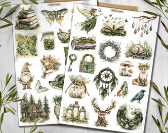 May include: Two sheets of stickers labeled Magic Forest featuring watercolor illustrations of a gnome, a cottage, a fox, a deer, a snail, a raven, butterflies, moths, an owl, mushrooms, a dreamcatcher, a key, a lock, lanterns, and books.
