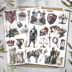 May include: Two sheets of medieval-themed stickers featuring castles, knights, shields, crowns, and other historical elements. The stickers have a watercolour effect with a variety of colours, including red, blue, and gold. The word "Medieval" is printed on the top of the sheet.