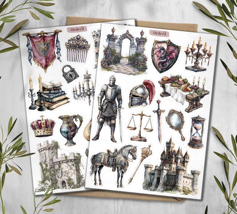 May include: Two sheets of medieval-themed stickers featuring castles, knights, shields, crowns, and other historical elements. The stickers have a watercolour effect with a variety of colours, including red, blue, and gold. The word "Medieval" is printed on the top of the sheet.