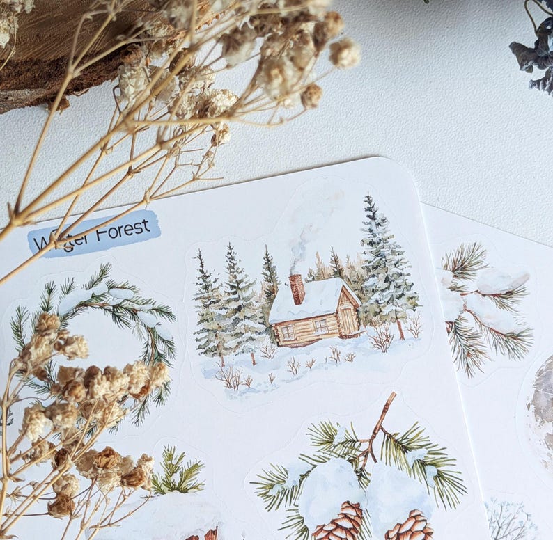 Winter Forest Stickers. Woodland Forest, Winter forest Planner Stickers. Winter Landscape Scrapbooking image 10