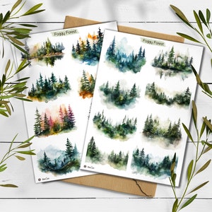 May include: A sheet of stickers featuring watercolor illustrations of foggy forests. The stickers are arranged in a grid pattern and have the text "Foggy Forest" at the top.