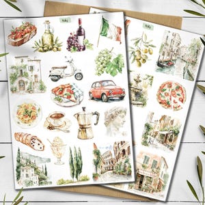 Stickers Italie. Stickers méditerranéens. Autocollants de voyage. Feuille d'autocollants pour les fêtes. Autocollants de pizza. Stickers Toscane.