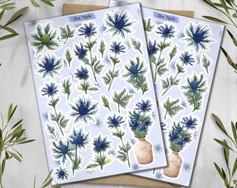 Blue Thistle Stickers. Globethistle Stickers. Thistle Flower Stickers. Planner, Journal, Scrapbooking
