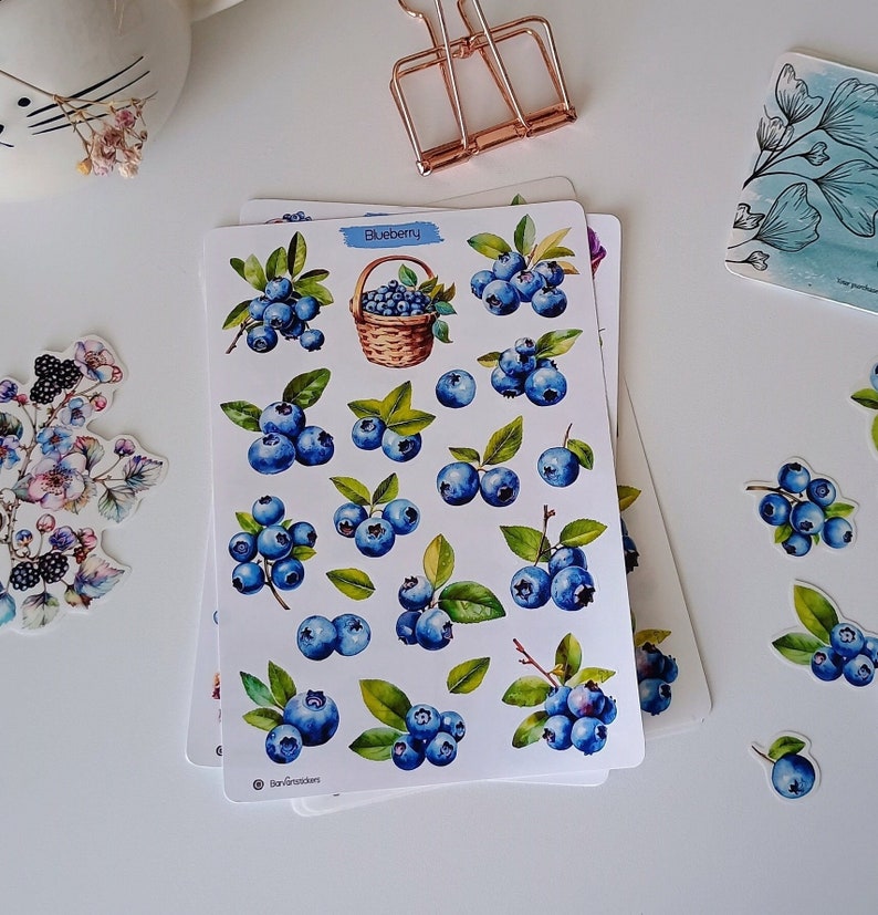 May include: A white sticker sheet featuring various watercolor illustrations of blueberries with green leaves, including a small woven basket filled with blueberries and the text Blueberry printed in blue at the top center of the sheet.