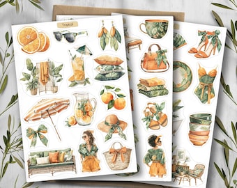 Tropical Stickers. Travel Stickers. Mediterranean Summer Holiday Stickers. Citrus Stickers. Orange Scrapbooking