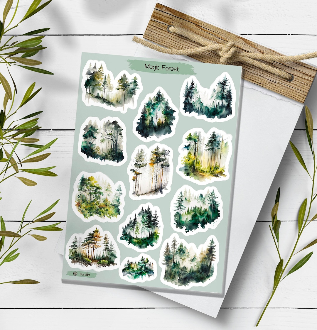 Watercolor Forest Stickers: Magic Woodland Landscape Sticker Pack - Etsy