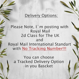 May include: A white background with text detailing delivery options, including Royal Mail services. The text mentions '2d Class for The UK' and 'International Standart with No Tracking Number!!!'. Green leafy branches frame the text.
