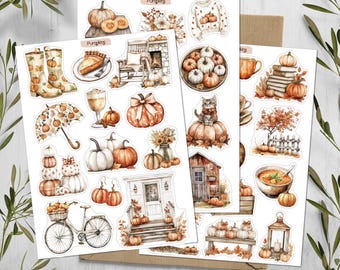 Puede incluir: Una colección de hojas de pegatinas con ilustraciones en acuarela de calabazas, follaje otoñal, botas de lluvia, una bicicleta con cesta, un gato, la entrada de una casa, un farol y alimentos de temporada sobre hojas de papel blanco.