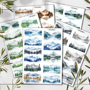 Berge als Sticker. Waldland Sticker Pack. Landschaft Sticker. Bullet Journal. Pine Tree Sticker Blatt. Wasserfarben Wald Sticker.