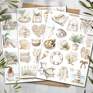 Zomerstickers. Ocean Breeze-stickers. Feestdagen esthetiek stickers. Stickers aan zee. Junkjournal-stickers. Beige plakboek
