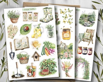 Sommerliche Gartenaufkleber. Planeraufkleber im Landhausstil. Scrapbooking-Ideen für Sommergarten-Themen.