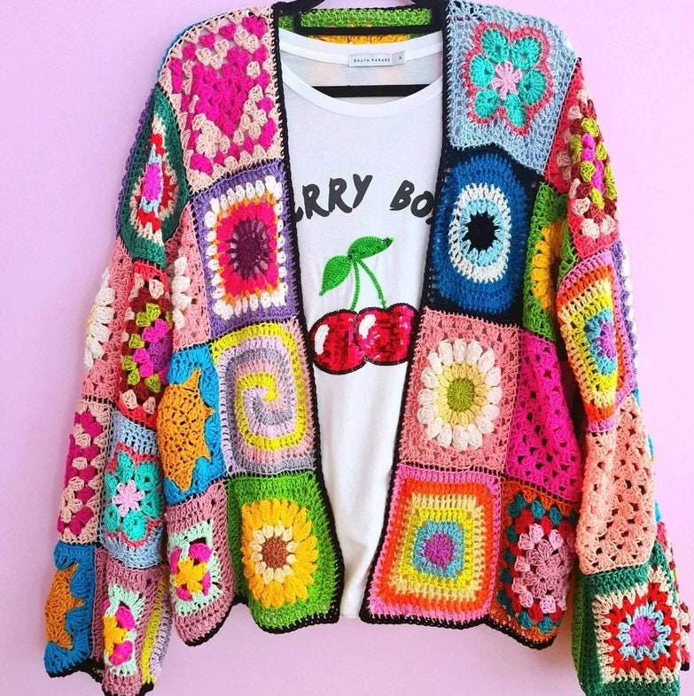 Patchwork Cardigan Crochet Knit Cardigan Knit Granny Square Etsy
