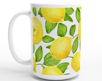 Lemon Mug, Fruits Mug, 15oz Ceramic Mug, Tea Coffee Lemon Mug, Lemon Kitchen Decor, Summer Mug, Large Mug, Lemon Pattern