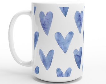 Valentine Mug, Hearts Mug, Indigo Blue Mug, Love Mug, 15oz Ceramic Mug, Large Mug, Watercolor Mug, Mug For Her, Tea Coffee Mug, Blue Hearts