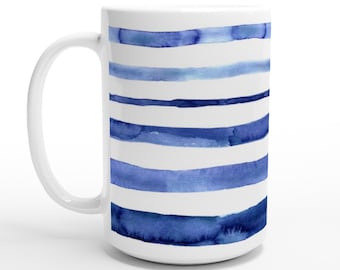 Indigo Blue Mug, Maritime Mug, Seaside Mug, Striped Mug, 15oz Ceramic Mug, Large Mug, Coffee Tea Mug, Watercolor Mug, Simple Mug