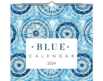 Calendario 2024, Calendario de pared 2024, Decoración de pared azul, Calendario colgante, Calendario índigo, Calendario en blanco, Calendario abstracto, Calendario mensual