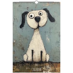 Peut inclure: Un calendrier mural présentant une peinture texturée d'un chien blanc aux oreilles noires et aux grands yeux sur un fond bleu. Le chien est assis sur une surface brune. Le texte 2021 CALENDAR est imprimé en blanc au bas de la page.