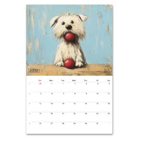 May include: A white dog with a red ball in its mouth, sitting on a wooden surface. The dog is looking at the viewer. The background is a blue and white painted wall. The calendar for January 2025 is visible in the bottom right corner.