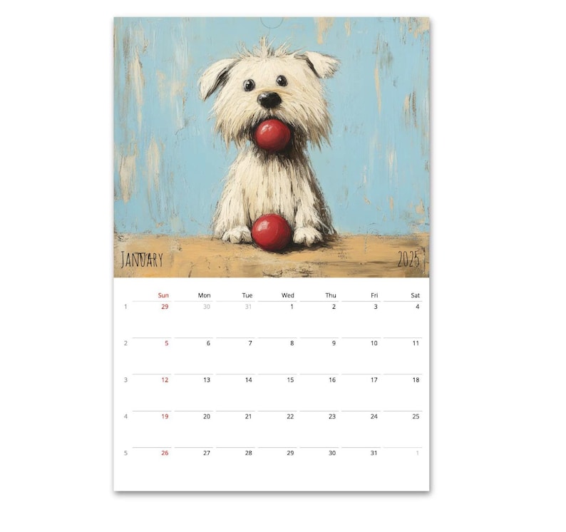 May include: A white dog with a red ball in its mouth, sitting on a wooden surface. The dog is looking at the viewer. The background is a blue and white painted wall. The calendar for January 2025 is visible in the bottom right corner.