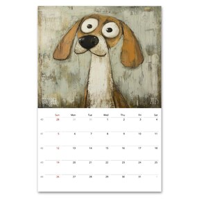 May include: A calendar featuring a painting of a dog with large eyes and a brown and white coat. The calendar is for October 2025.