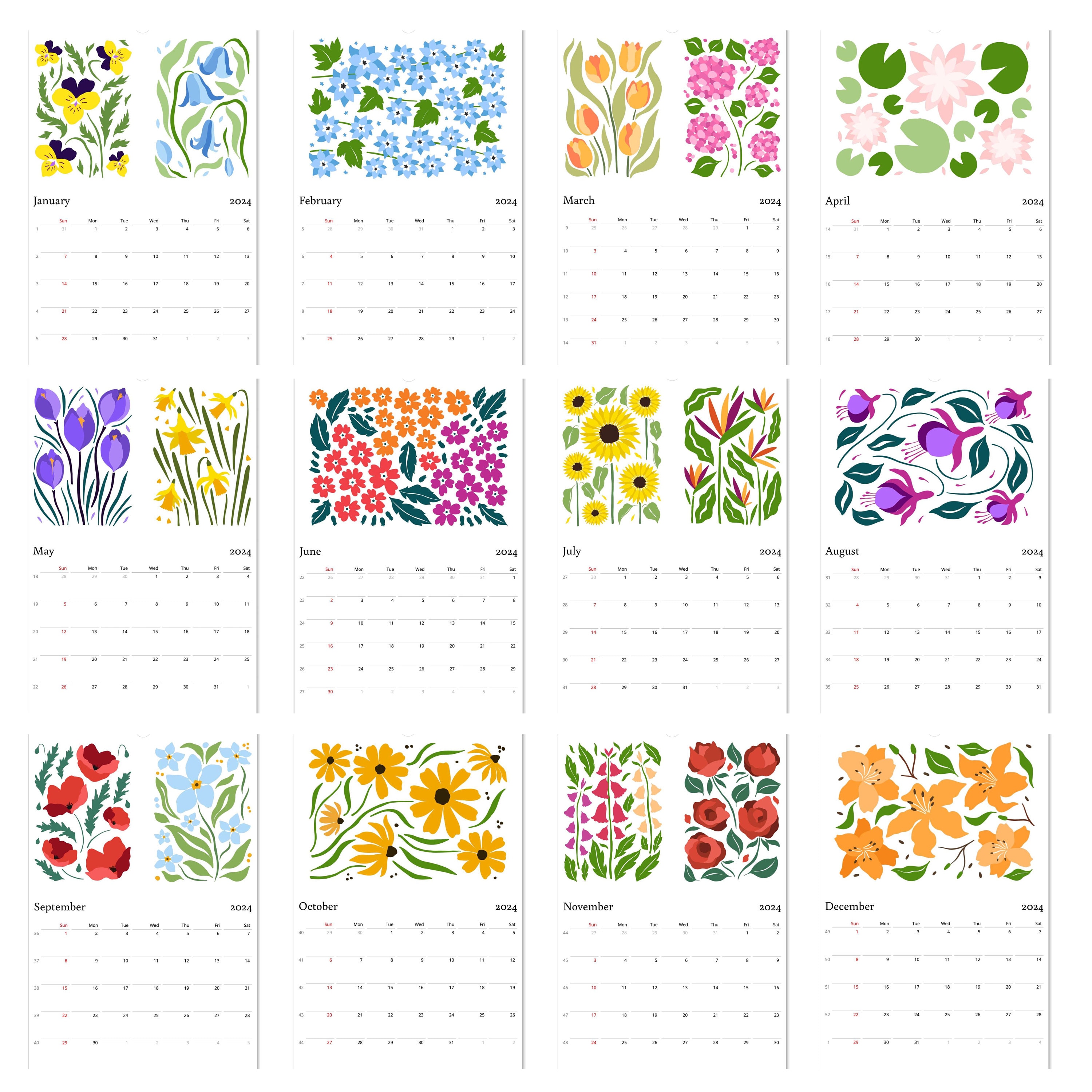 2024 Wall Calendar Flower Calendar 2024 Calendar Monthly Etsy