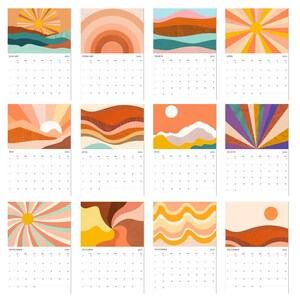 May include: A 2023 calendar with a different abstract design for each month. The designs feature a variety of colours and shapes, including sunbursts, waves, and mountains. Each month has a calendar grid with the days of the week and numbers.