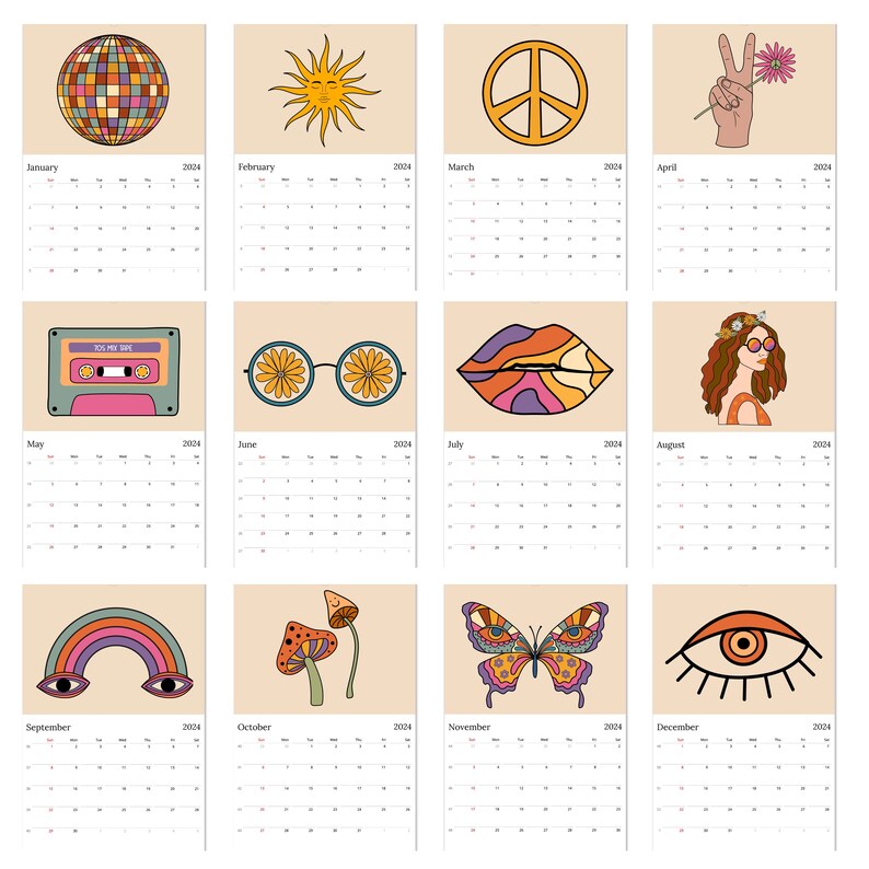 2024 Wall Calendar, 70's Calendar, Hippie Calendar, Groovy Calendar