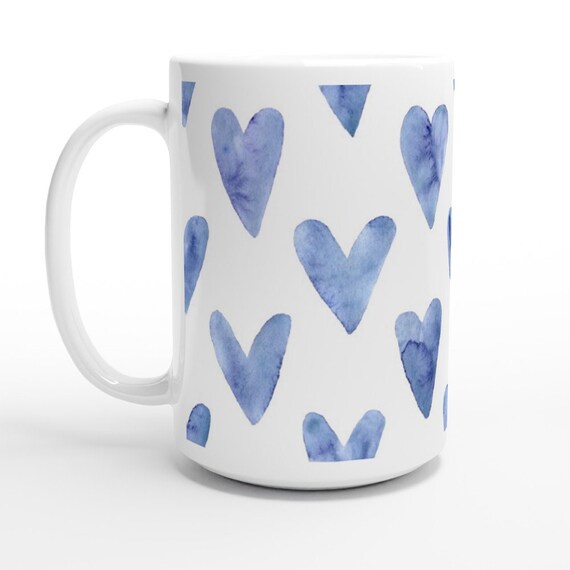 Valentine Mug, Hearts Mug, Indigo Blue Mug, Love Mug, 15oz Ceramic Mug, Large Mug, Watercolor Mug, Mug For Her, Tea Coffee Mug, Blue Hearts