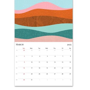 May include: A calendar for March 2025 with a colourful abstract design in shades of pink, orange, teal, and blue. The calendar is divided into a grid with days of the week labelled at the top and numbers for each day of the month.