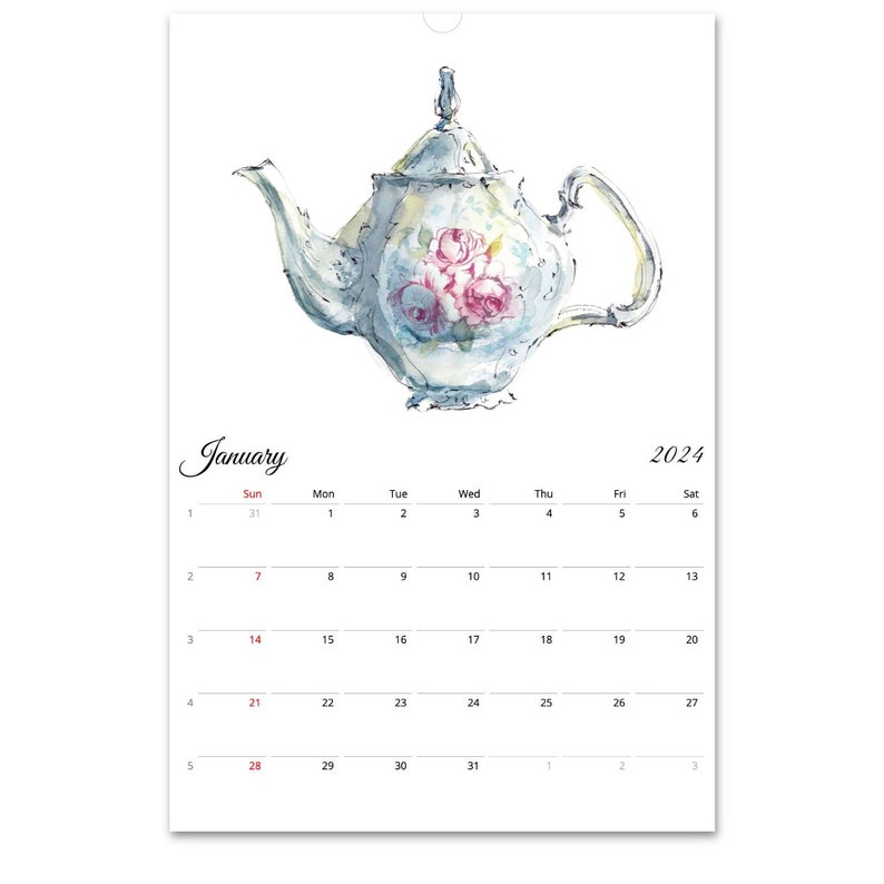 2024 Wall Calendar, Kitchen Calendar, Vintage Teapots Calendar, Monthly