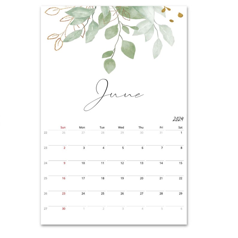 2024 Wall Calendar, Greenery Calendar, Leaf Calendar, 2024 Hanging