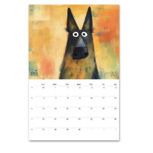 May include: A calendar for April 2025 featuring a watercolor painting of a dog with large eyes. The dog is looking directly at the viewer. The calendar is in a white frame with black text.