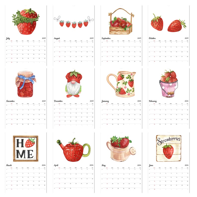 2023 2024 Calendar Strawberry Calendar Food Calendar Etsy