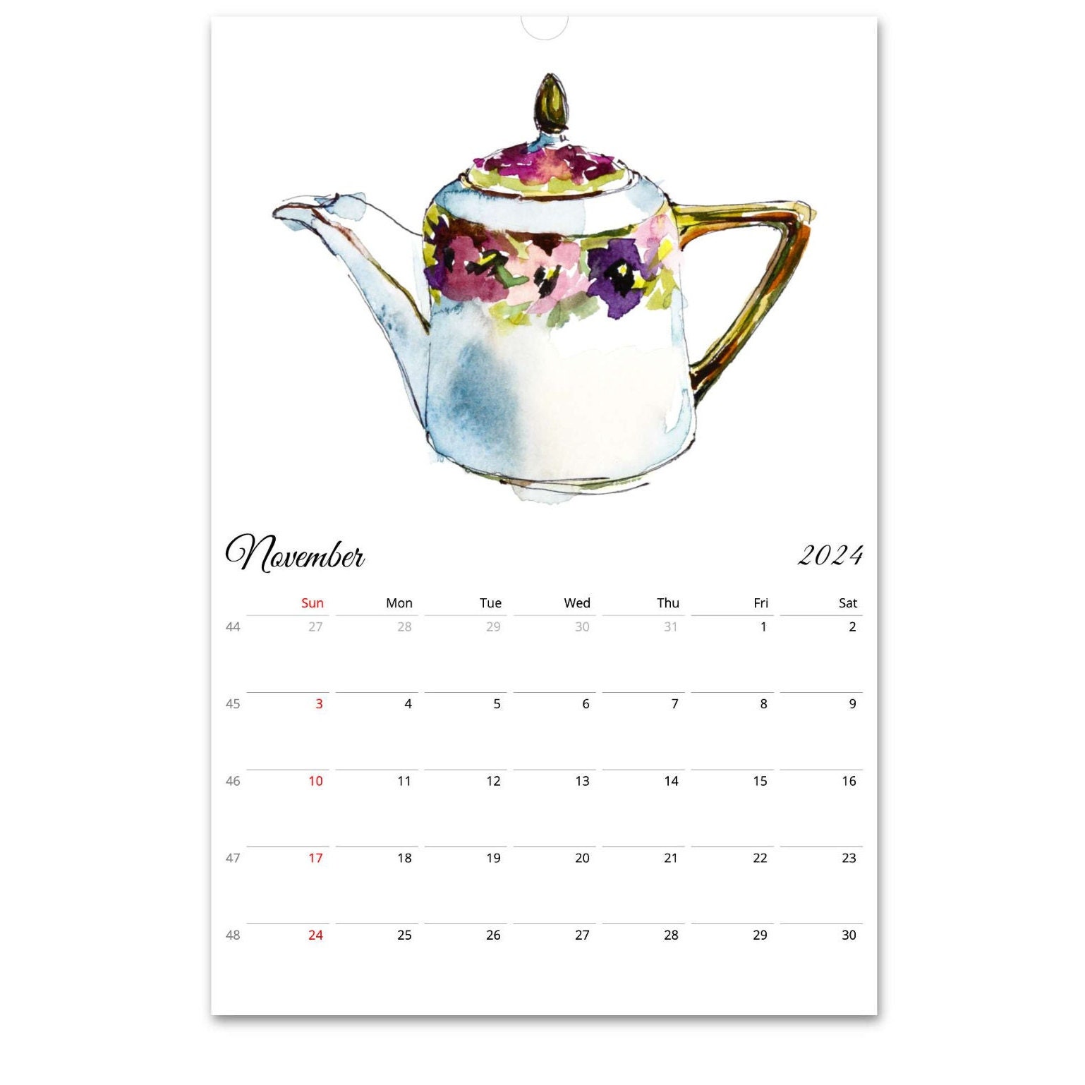 2024 Wall Calendar, Kitchen Calendar, Vintage Teapots Calendar, Monthly