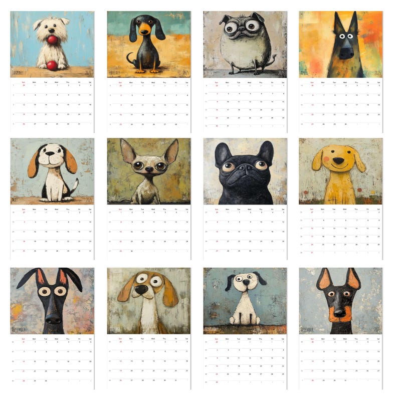 May include: A calendar featuring 12 different illustrations of dogs with colorful backgrounds. Each month has a calendar grid with the days of the week and numbers.