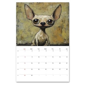 May include: A calendar featuring a June 2025 calendar with a painted image of a chihuahua with large eyes and a light brown and white coat. The dog is sitting on a textured, yellow, green, and brown background.