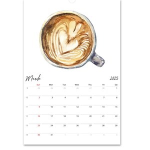 Peut inclure: Un calendrier mural pour mars 2025 pr&eacute;sentant une illustration &agrave; l'aquarelle d'une tasse de caf&eacute; avec un motif de latte art en forme de c&oelig;ur. La grille du calendrier affiche les jours du mois avec les en-t&ecirc;tes et les dates num&eacute;riques.