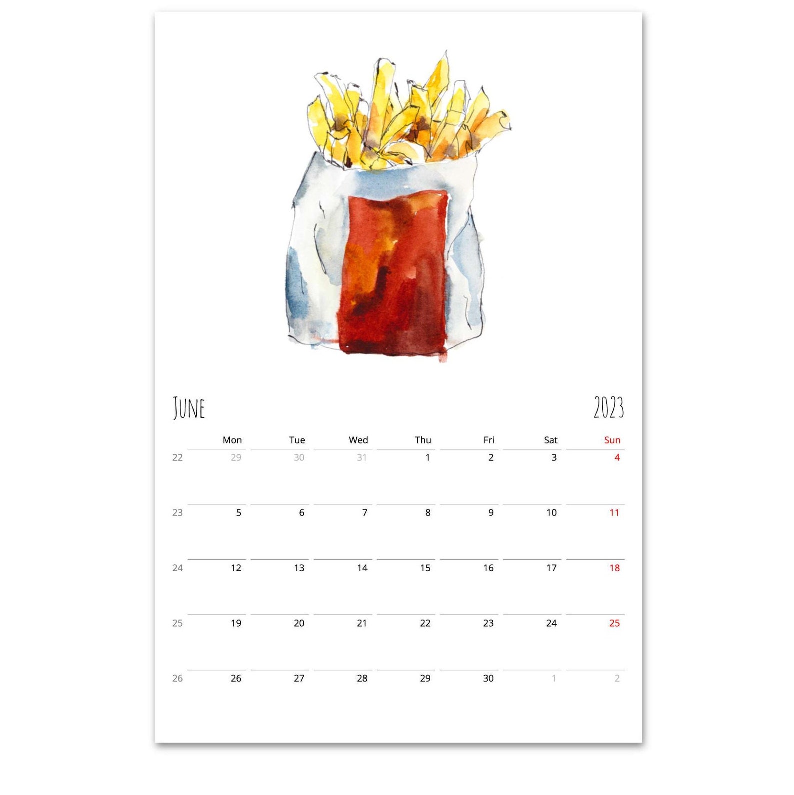 2022 2023 Mid-year Calendar Fast Food Wall Calendar Academic - Etsy Finland