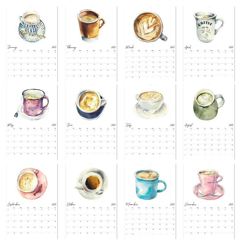Peut inclure: Un calendrier mural 2025 pr&eacute;sentant douze illustrations &agrave; l'aquarelle de diverses tasses et mugs &agrave; caf&eacute;, chacune accompagn&eacute;e d'une grille mensuelle de janvier &agrave; d&eacute;cembre. Les dessins montrent des styles de boissons et designs vari&eacute;s.
