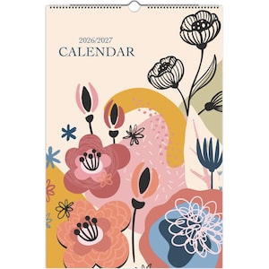 Puede incluir: Un calendario de pared 2026/2027 con fondo crema y una colorida ilustración floral. El diseño incluye flores estilizadas en tonos rosa, azul, amarillo y gris oscuro, junto con formas y líneas abstractas distribuidas por toda la composición.