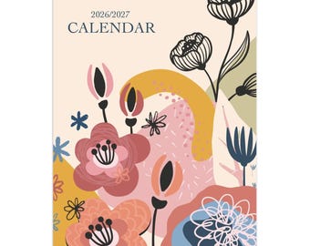 Könnte beinhalten: Ein Wandkalender für 2026/2027 mit cremefarbenem Hintergrund und einer bunten Blumenillustration. Das Design zeigt stilisierte Blüten in Rosa, Blau, Gelb und Dunkelgrau sowie abstrakte Formen und Linien, die sich über das gesamte Bild verteilen.