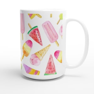 May include: White ceramic mug with a colorful watercolor pattern of ice cream cones, popsicles, and watermelon slices.