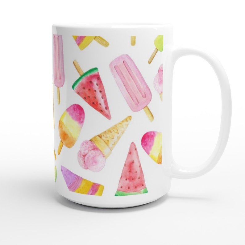May include: White ceramic mug with a colorful watercolor pattern of ice cream cones, popsicles, and watermelon slices.