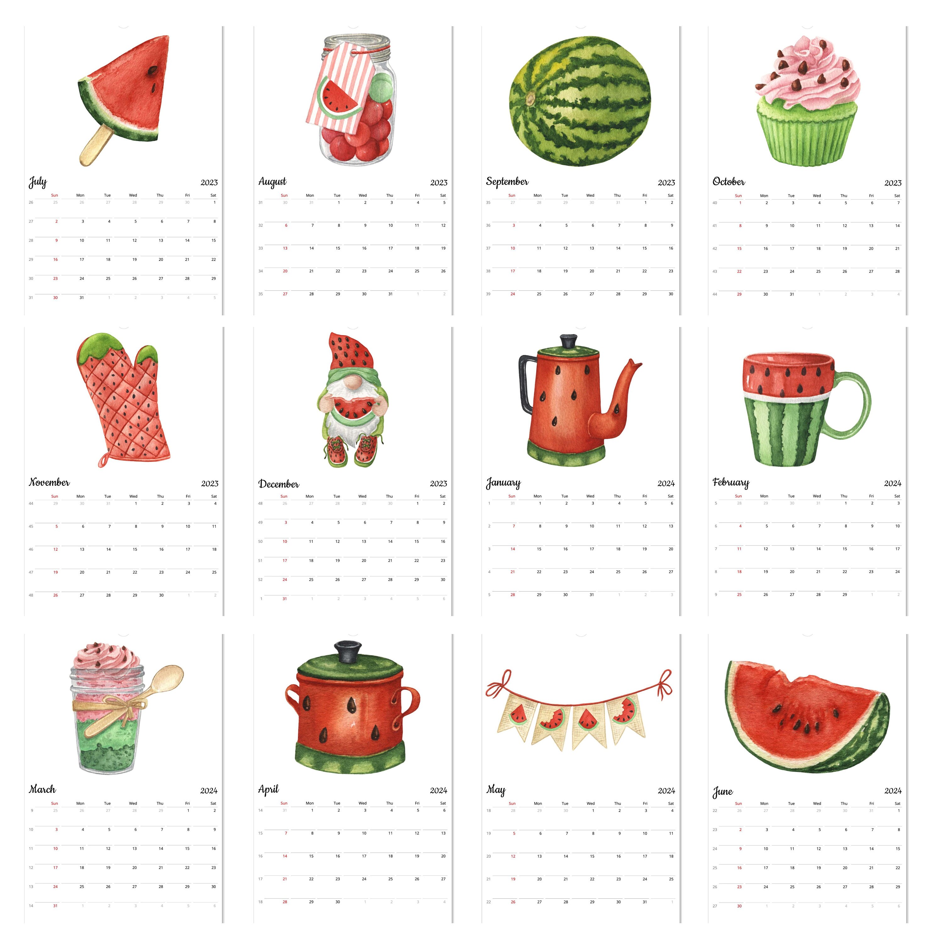 2023 2024 Wall Calendar Watermelon Calendar Fruits Calendar Etsy