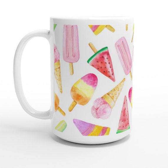Ice-cream Mug, Summer Mug, Watermelon Mug, Watercolor Mug, 15oz Ceramic Mug, Large Mug, Ice-cream Lover Gift, Mug For Kids, Tea Coffee Mug